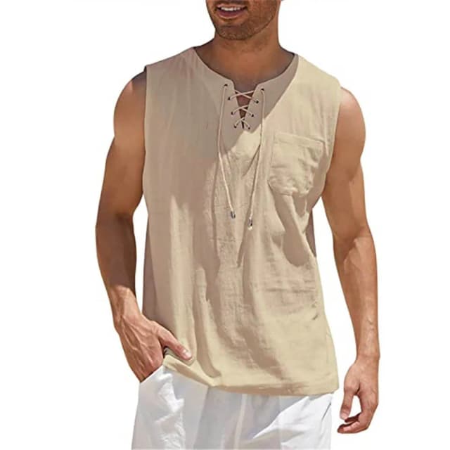 Camisas Casuais dos homens Sem Mangas Colete Bandage Lace Up Blusa Retro V Neck Moda Camisa Solta Masculino Roupas de Cor Sólida
