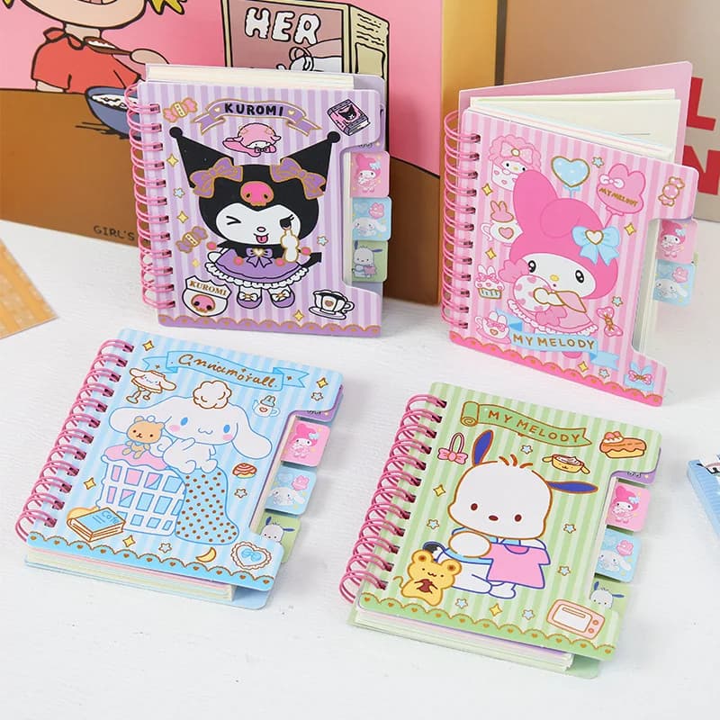 Bonito diário caderno a7 anime série kawaii kuromi cinnamoroll dos desenhos animados caderno portátil estudante papelaria crianças presentes