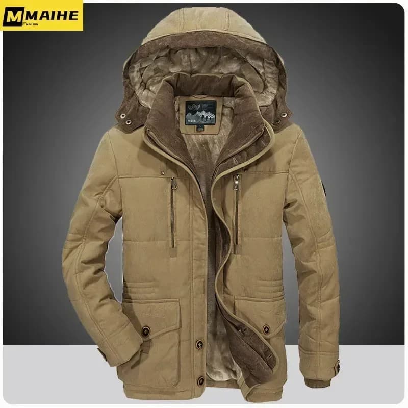 Inverno masculino engrossar algodão neve esqui caminhadas jaqueta quente meia idade exército verde casaco de trabalho com capuz removível parkas roupas masculinas