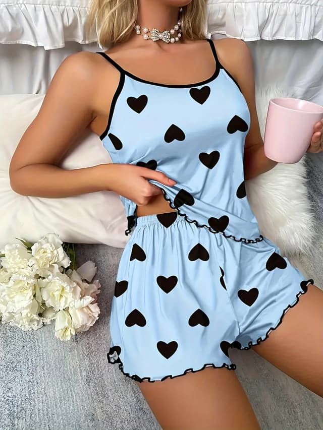 Novo conjunto de pijamas femininos com suspensório estampado em forma de coração azul casual elástico e confortável roupa de dormir para todas as estações