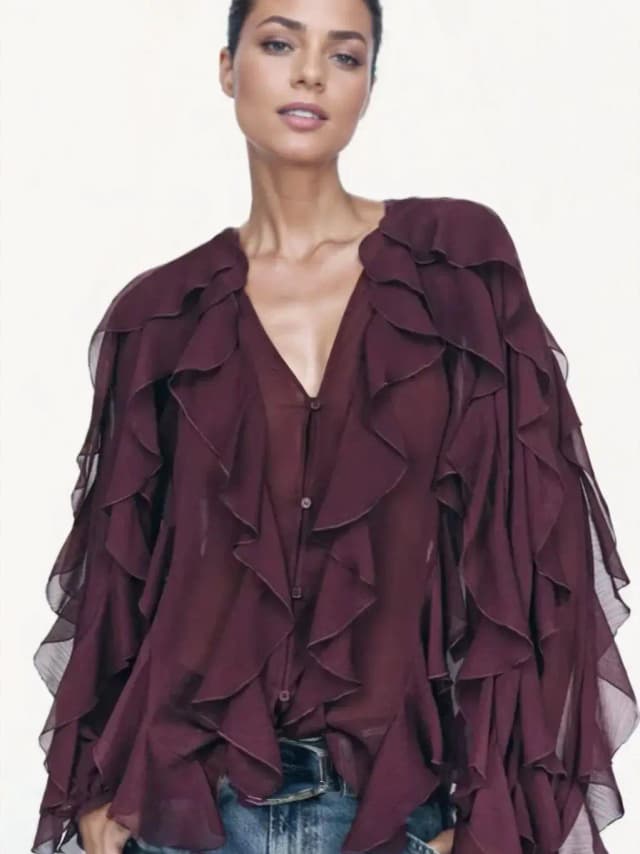 2025 verão chique feminino elegante solto manga longa em camadas camisas senhora do escritório vintage com decote em v translúcido em camadas babados blusas