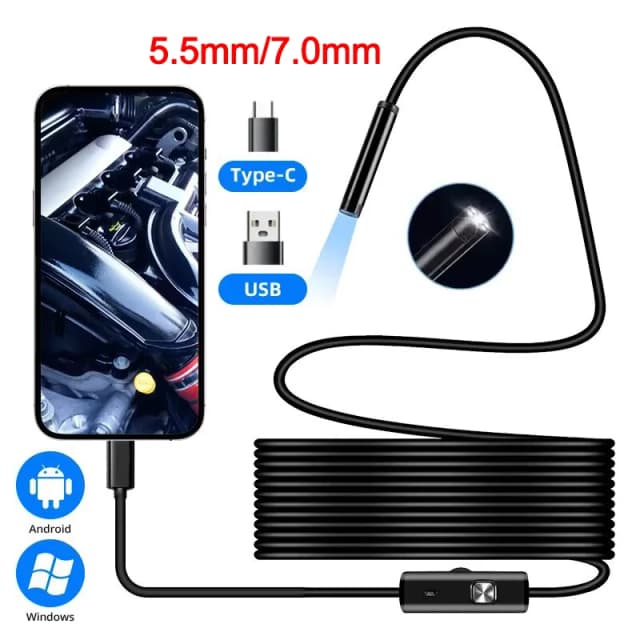 Câmera endoscópica tipo C 5.5/7.0MM IP67 à prova d'água com 6 LEDs ajustáveis USB Android Boroscópio de inspeção flexível para telefone PC