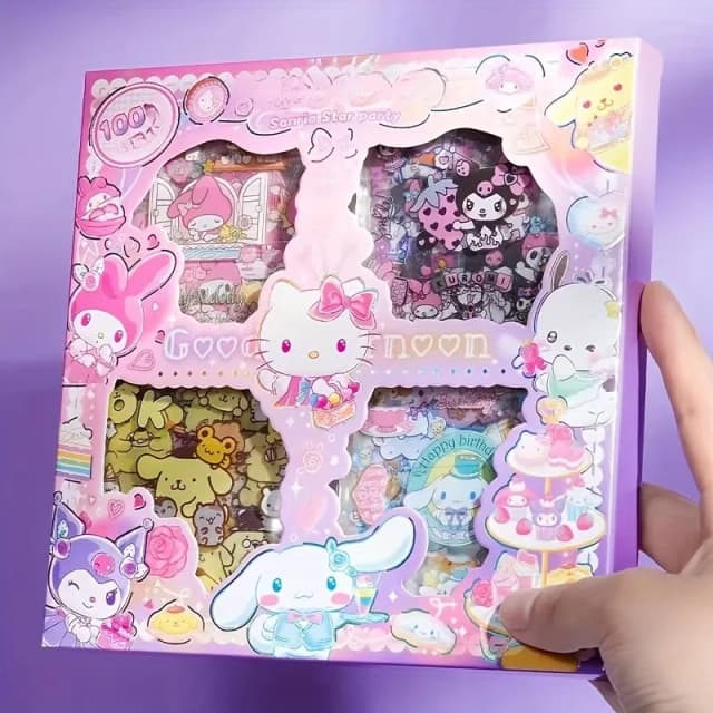 Olá Kittys Conjunto de adesivos não repetitivos de 100 peças Cinnamorolls Kuromis Adesivo de papelaria à prova d'água Caixa de presente Presente de aniversário