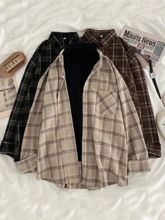 Jmprs vintage feminino camisas xadrez outono manga longa oversize botão acima topos coreano solto casual outono outwear femme camisas