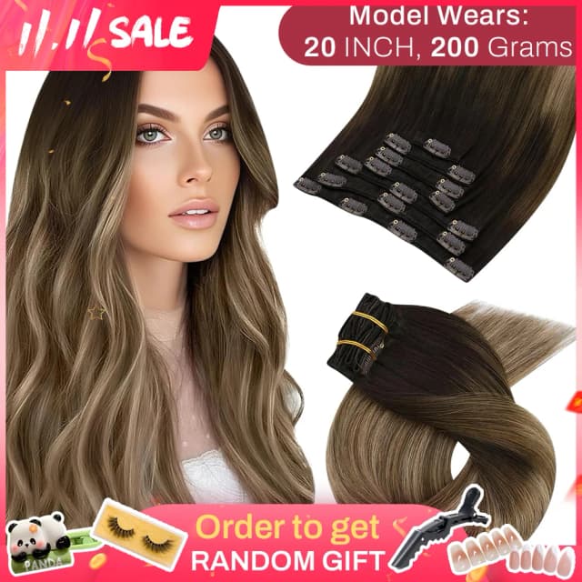 [Venda quente] Moresoo clipe em extensões de cabelo cabelo natural real remy conjunto reto 5 & 7 pçs clipe brasileiro em extensões de cabelo humano
