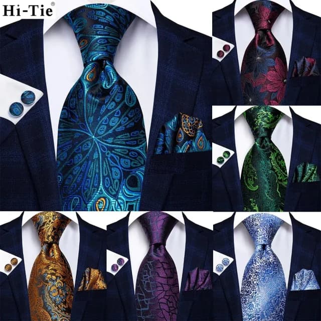 Hi-tie pavão azul novidade designer gravata de casamento de seda para homens lenço abotoaduras presente moda masculina conjunto de gravata festa de negócios