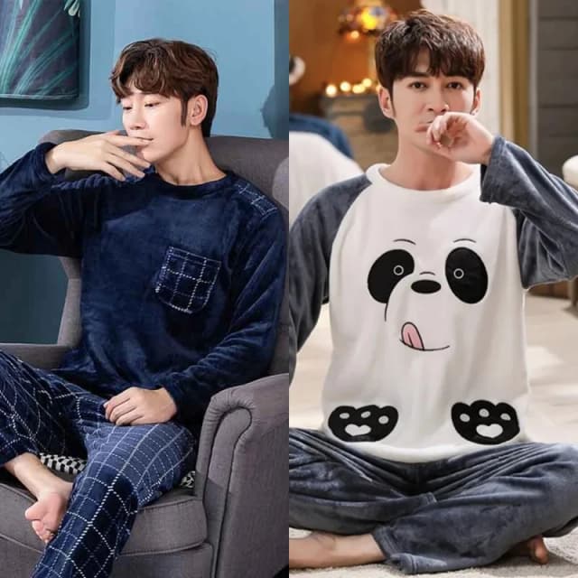 Duas peças masculinas outono e inverno conjuntos de pijamas de flanela quente azul manga longa elástico pijamas sólido macio casual o-pescoço homewear