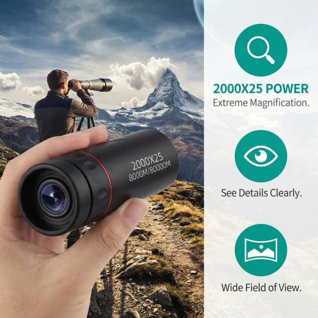 Telescópio Monocular HD 2000x25 Mini Portátil com Suporte para Celular, Ideal para Camping, Caça e Observação de Aves