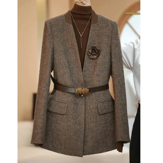 Plus size 4xl alta qualidade café colorido terno jaqueta para mulheres primavera outwear moda simples casaco de lã outono blazer com cinto