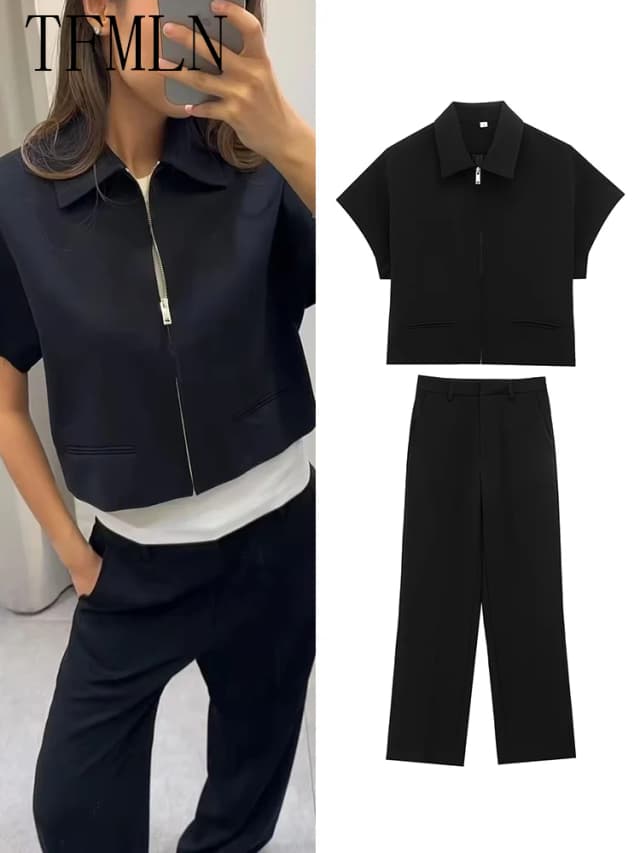 Tfmln conjunto de moda para as mulheres verão 2025 novo fino lapela zíper manga curta casaco superior calças perna larga conjunto duas peças lazer preto