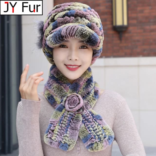 Chapéu e cachecol de malha para mulheres, gorro de pele de coelho real, chapéu de pele de coelho Rex, inverno