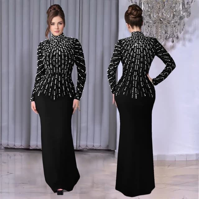 Temperamento elegante festa diamante pérola longo bodycon vestido feminino o pescoço manga longa glitter clube noite bainha preta maxi vestido