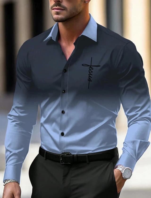 Negócios masculinos casual impresso camisa de manga longa formal botão acima camisa outono inverno primavera verão algemado manga longa azul s, m, l