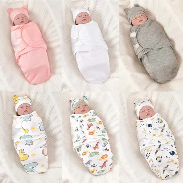 Swaddle de algodão para recém-nascidos, saco de dormir ajustável para recém-nascidos, conjunto de chapéu anti-chute, cobertor quente e macio