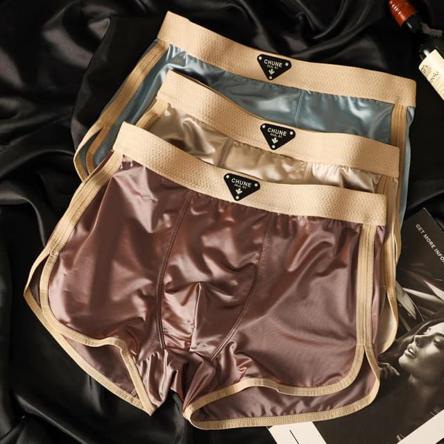 3 unidades/pacote luxo cetim-como calcinha masculina de seda gelo higroscópico respirável dupla camada de seda virilha boxer alta elástica cuecas