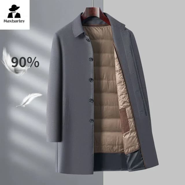Inverno de luxo para baixo jaqueta masculina longo negócios casual forro destacável pato branco para baixo casaco quente masculino marca lapela trench coat