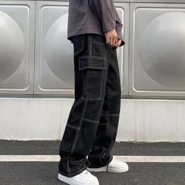 Calça jeans cargo masculina, perna larga, hip hop, casual, reta, baggy, jeans, streetwear, skate, calça neutra