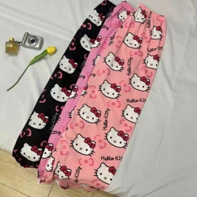 Calças de pijama Hello Kitty para homens e mulheres, finas e soltas, para primavera e verão, casuais, para usar em casa ou para passear.
