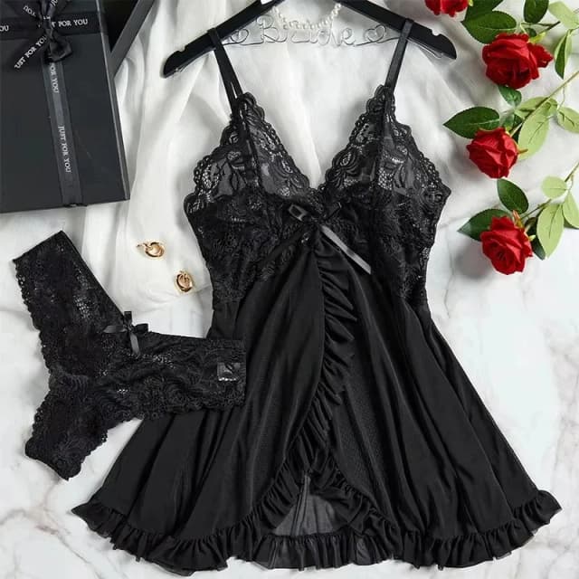 Conjunto de lingerie de renda feminina transparente babydoll camisola com calcinha sexy renda pijamas conjunto para mulher