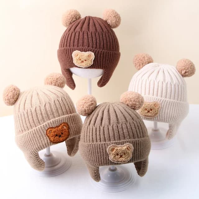 Chapéu de inverno para bebês, gorro com proteção de orelha de urso de desenho animado, chapéu de malha para crianças pequenas, meninos e meninas, bonito, coreano, quente, chapéus de crochê para crianças