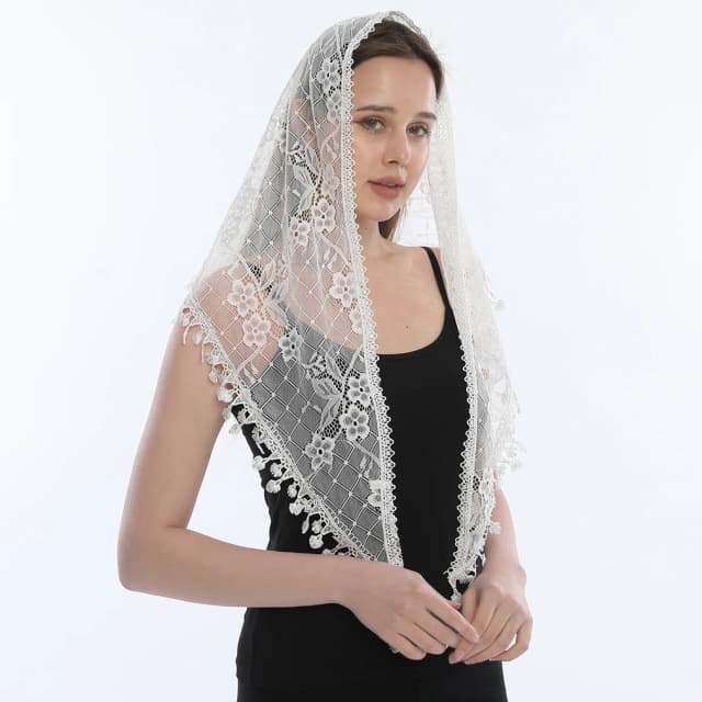 Moda igreja xale renda véu poliéster cachecol bandana igreja oração casamento mantilla capela branco bordado hijab feminino cachecol
