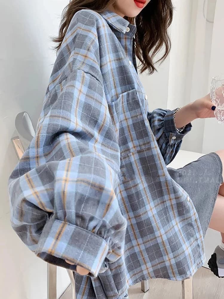 Jmprs moda xadrez camisa feminina moda coreano oversize topos harajuku diário all-match manga longa chique feminino camisas amarelas novo