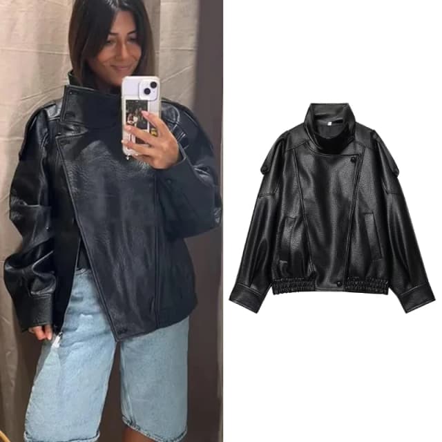 Tfmln chique preto falso couro jaquetas femininas manga longa botões elásticos casacos de grandes dimensões moda 2025 outono inverno streetwear