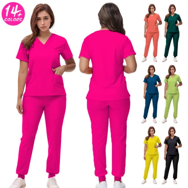 Uniformes de enfermeira elásticos com decote em v, calças jogger, conjuntos de esfoliação, roupa de trabalho cirúrgica, dentista, terno de enfermagem, roupa de médico hospitalar s21