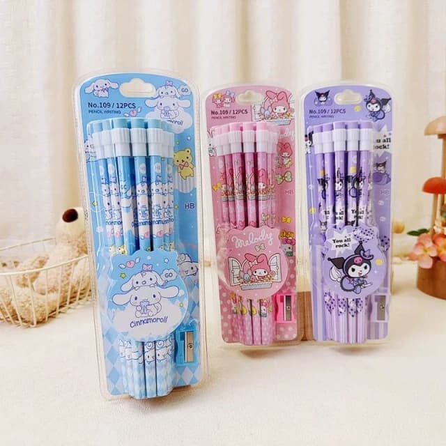 Lápis kuromi hb fofos, 12 lápis e 1 rolo de lápis, conjunto de caixa de papelaria, escrita de estudante, desenho, lápis hb, canetas de esboço