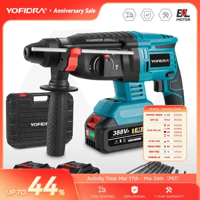 Yofidar 26mm sem escova martelo elétrico broca multifuncional rotativo sem fio recarregável ferramentas elétricas para makita 18v bateria