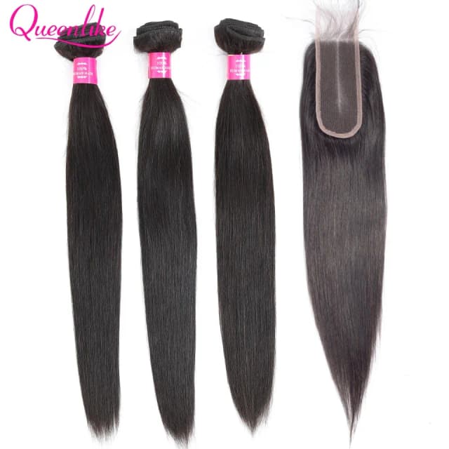 Queenlike feixes de cabelo humano em linha reta com 2x6 parte média profunda hd fechamento do laço 12a pacotes de cabelo cru brasileiro com fechos