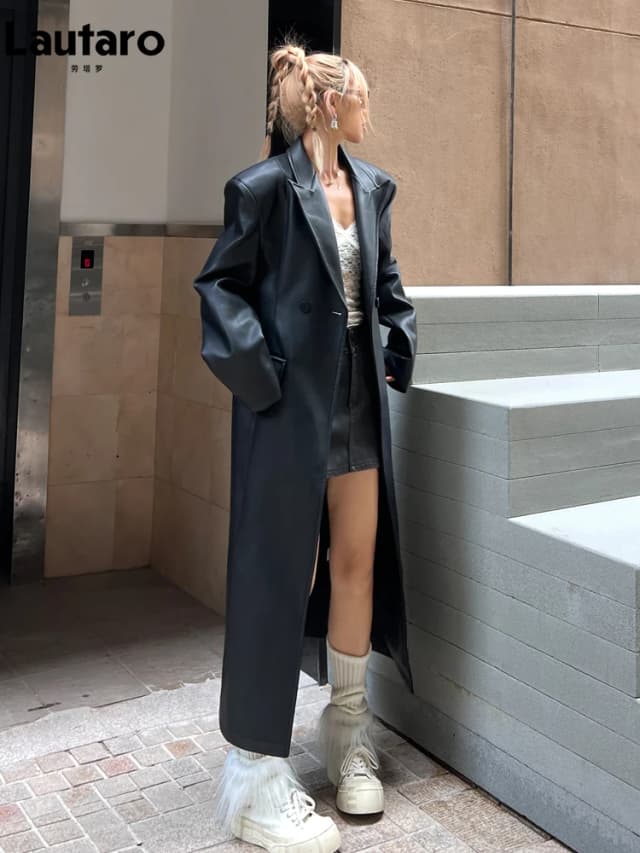 Lautaro-casaco de couro PU solto preto extra longo para mulheres, almofadas de ombro, peito duplo, blazer de couro falso, primavera, outono