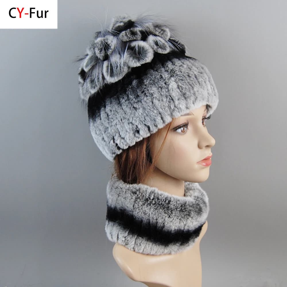 Real Rex Coelho Pele Chapéu E Cachecol Set Mulheres Inverno Malha Beanie Chapéu Natural Pele Skullies Gorros Mulher Chapéu Feminino Cap Elastic