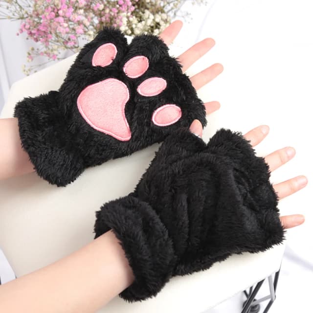Mulheres dos desenhos animados gato garra luvas engrossado pelúcia adorável estilo urso pata exposto dedos metade inverno luvas quentes meninas presente luvas