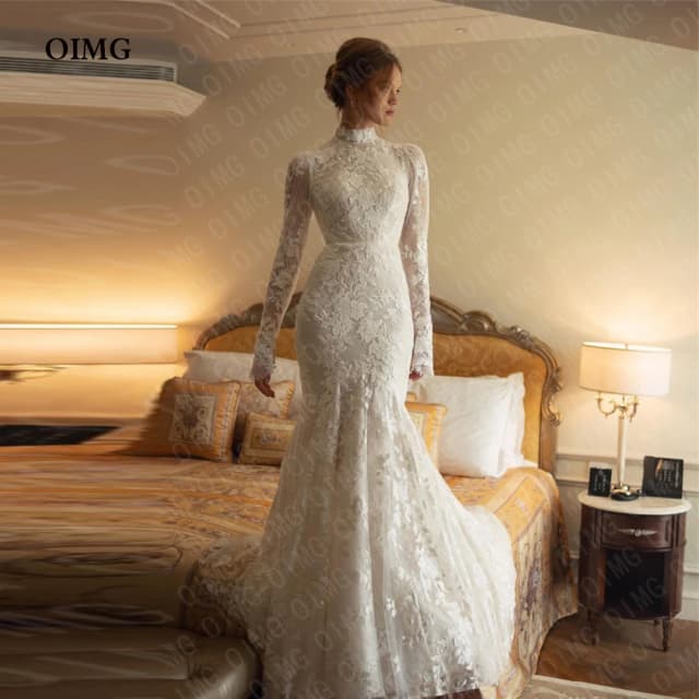 Oimg vintage rendas mangas compridas vestidos de casamento vestidos applique sereia alta pescoço formal pricness noiva vestido de noiva