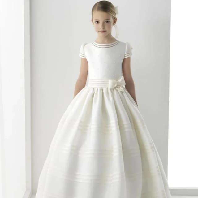 Vestidos florais personalizados para meninas, vestidos vintage de cetim marfim com pérolas e laço para festa de aniversário de casamento, vestidos de princesa para batismo