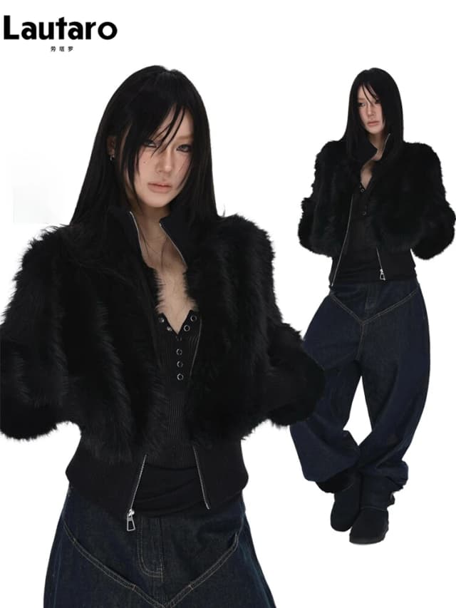 Lautaro primavera inverno curto preto macio grosso quente peludo casaco de pele do falso feminino zip up roupas de designer de luxo jaqueta macia 2025