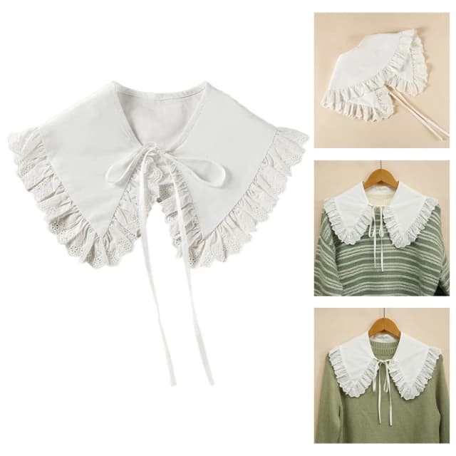 Colar de algodão falso gola xale estilo real, envoltório vazado, renda floral, babados, guarnição, colar ponta triangular, blusa de lapela