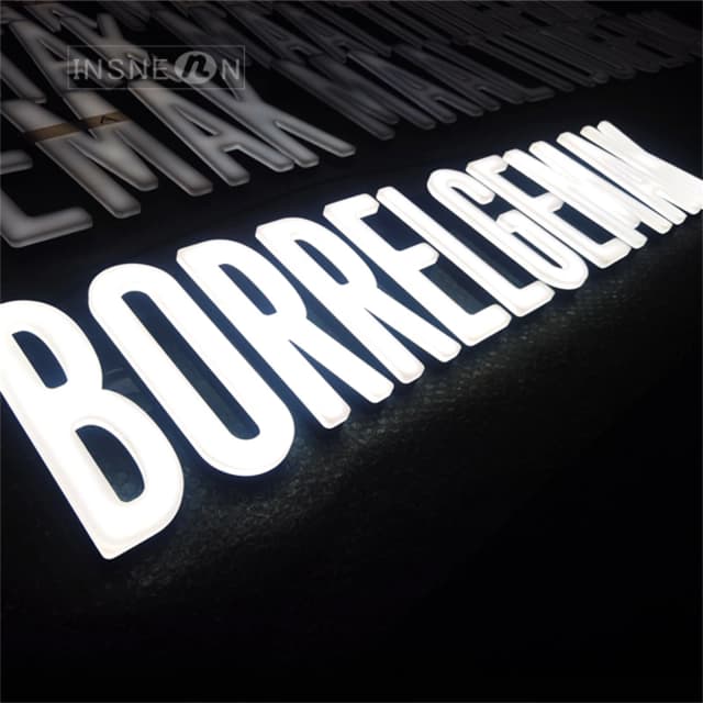 Sinal de letras iluminado frontal, personagem sem fronteiras, letra acrílica, interior, ambiente externo, loja de negócios, sinais LED