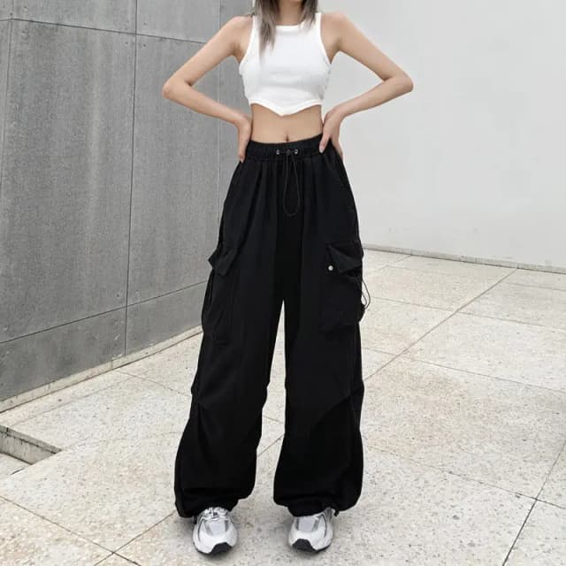 De volta à escola feminino novo americano hip-hop perna larga bolsos grandes cordão calças de trabalho high street casual calças esportivas