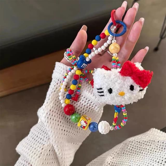 Sanrio hello kitty colorido frisado chaveiro kawaii dos desenhos animados alça de telefone alça de pulso mochila pingente decoração presentes