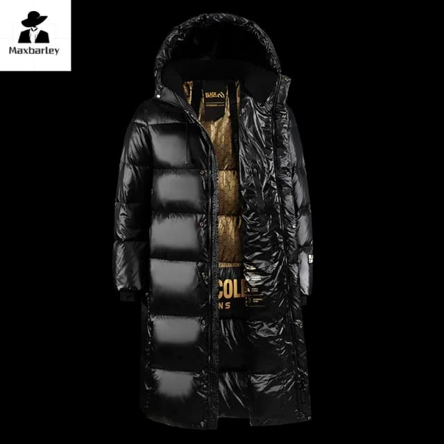 Preto brilhante para baixo jaqueta de luxo dos homens engrossar inverno com capuz longo pato branco para baixo jaqueta feminina à prova vento à prova chuva quente outwear
