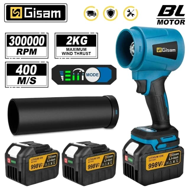 Gismo 300000 Sopradores turbo elétricos sem escova rpm, ventilador a jato 400 m/s, soprador de folhas portátil, soprador de poeira para makita, pinos de bateria de 18v